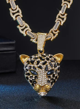 欧美爆款锌合金滴油点钻豹头个性街头潮男女古巴链吊坠项链