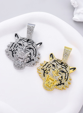 合金立体满钻老虎吊坠古巴项链男士嘻哈炫酷潮流饰品