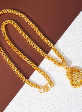 越南沙金男镀黄金色久不掉色纹龙项链弥勒佛观音牌霸气龙头吊坠