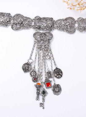 波西米亚个性复古潮流合金古银做旧挂链几何形流苏女款项链