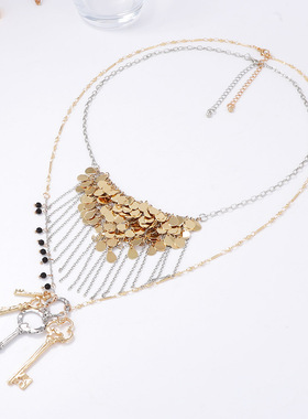 欧美轻奢设计感合金钥匙金属圆片流苏吊坠叠戴项链女