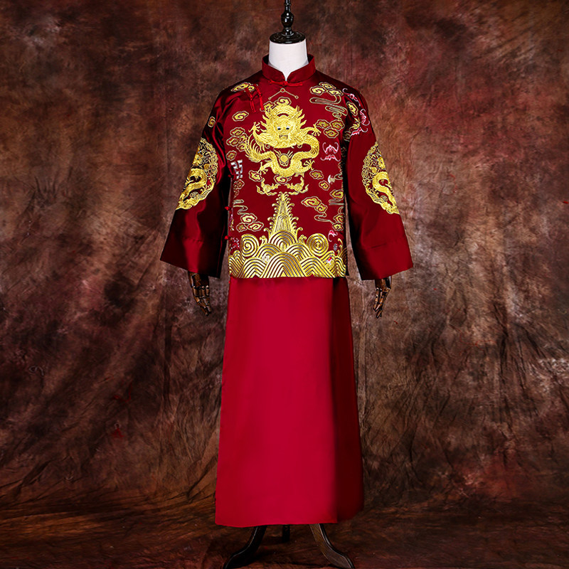 秀禾服新郎服中式大码秀禾结婚礼服 深麻民族服装