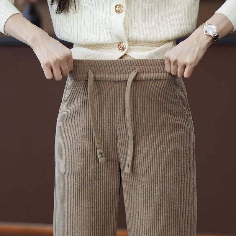 拉夏贝尔窄版休闲宽裤女2026新款春秋季高腰灯芯绒卡其色直筒裤子,淘宝优惠券,粉丝福利购,淘宝优惠卷