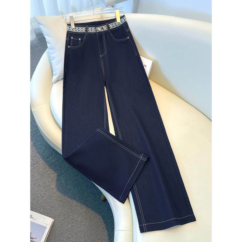 拉夏贝尔宽松丹宁蓝牛仔裤女秋季2025新款高级感刺绣直筒阔腿裤子,淘宝优惠券,粉丝福利购,淘宝优惠卷