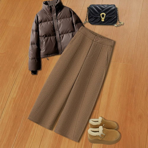 拉夏贝尔灰色毛呢弯刀裤女秋冬季2026新款小个子高腰显瘦阔腿裤子 - 图0