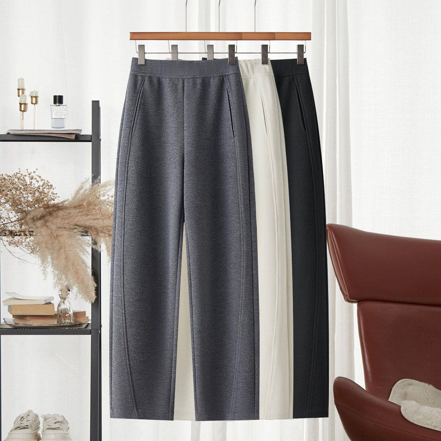 拉夏贝尔窄版弯刀裤女冬季加绒裤子2025新款阔腿裤长裤休闲羊毛裤,淘宝优惠券,粉丝福利购,淘宝优惠卷