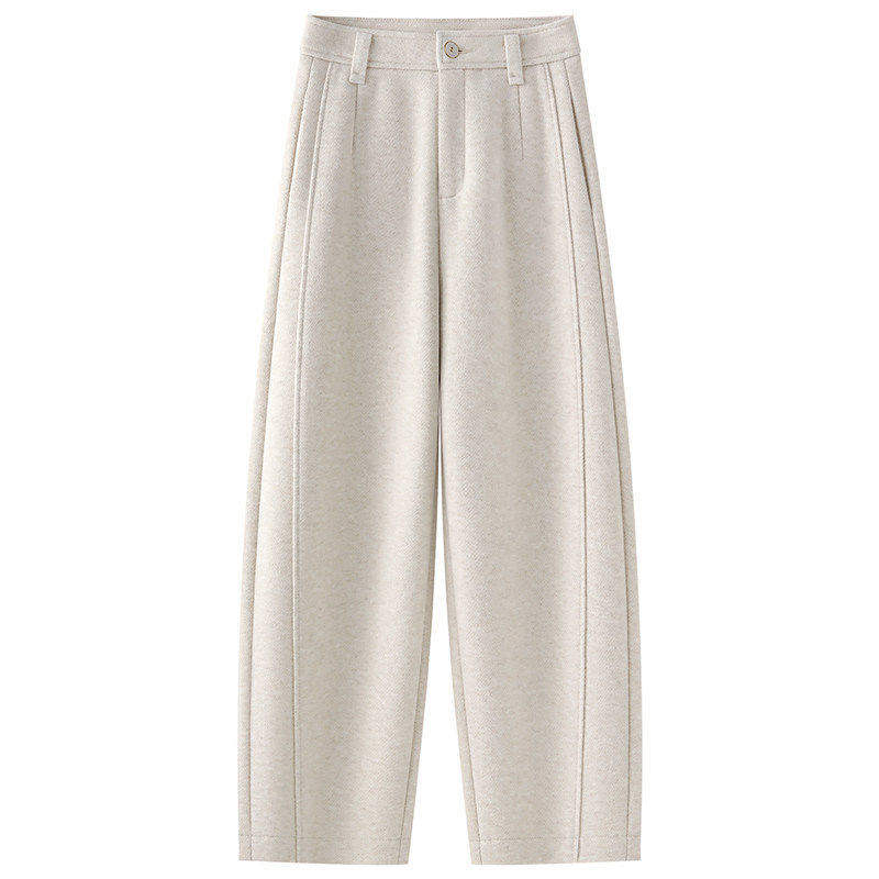 拉夏贝尔杏色羊绒弯刀裤女春季2026新款宽松显瘦小个子休闲直筒裤,淘宝优惠券,粉丝福利购,淘宝优惠卷