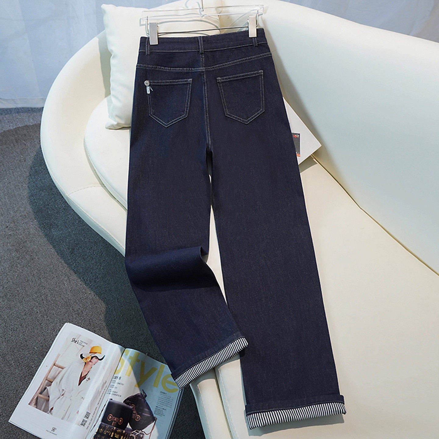 拉夏贝尔丹宁蓝阔腿牛仔裤女春秋季2026年超火裤子条纹翻边直筒裤,淘宝优惠券,粉丝福利购,淘宝优惠卷