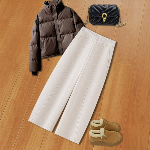 拉夏贝尔灰色毛呢弯刀裤女秋冬季2026新款小个子高腰显瘦阔腿裤子 - 图1