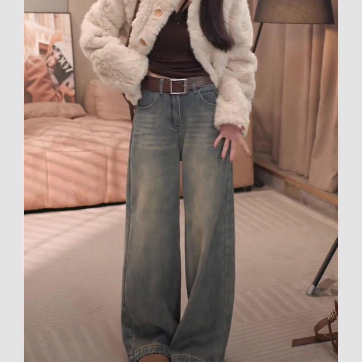 拉夏贝尔复古水洗设计感阔腿牛仔裤女款加绒2025款胖mm显瘦直筒裤,淘宝优惠券,粉丝福利购,淘宝优惠卷
