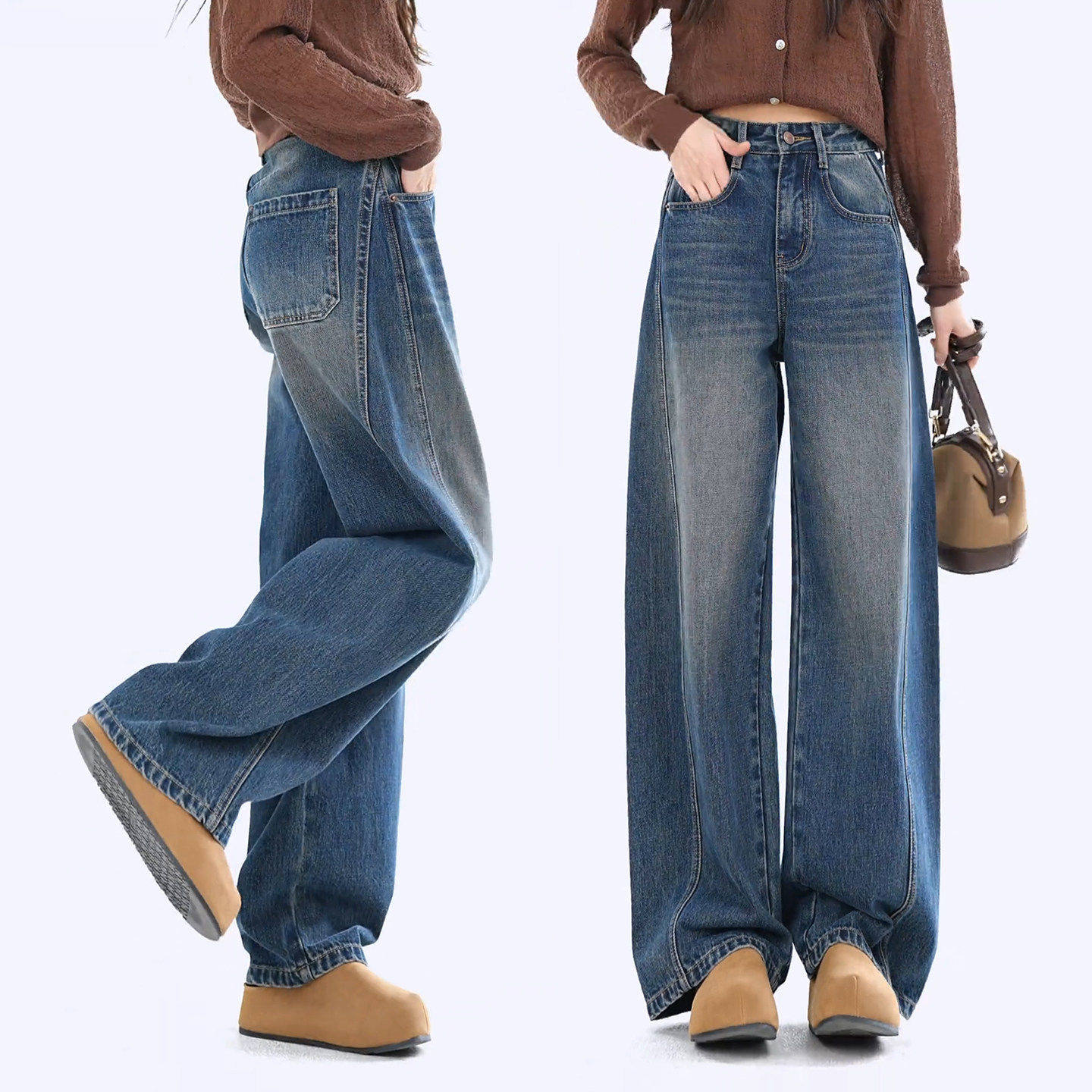 拉夏贝尔牛仔宽裤2025新款加绒裤子女胖mm大尺码香蕉裤显瘦弯刀裤,淘宝优惠券,粉丝福利购,淘宝优惠卷