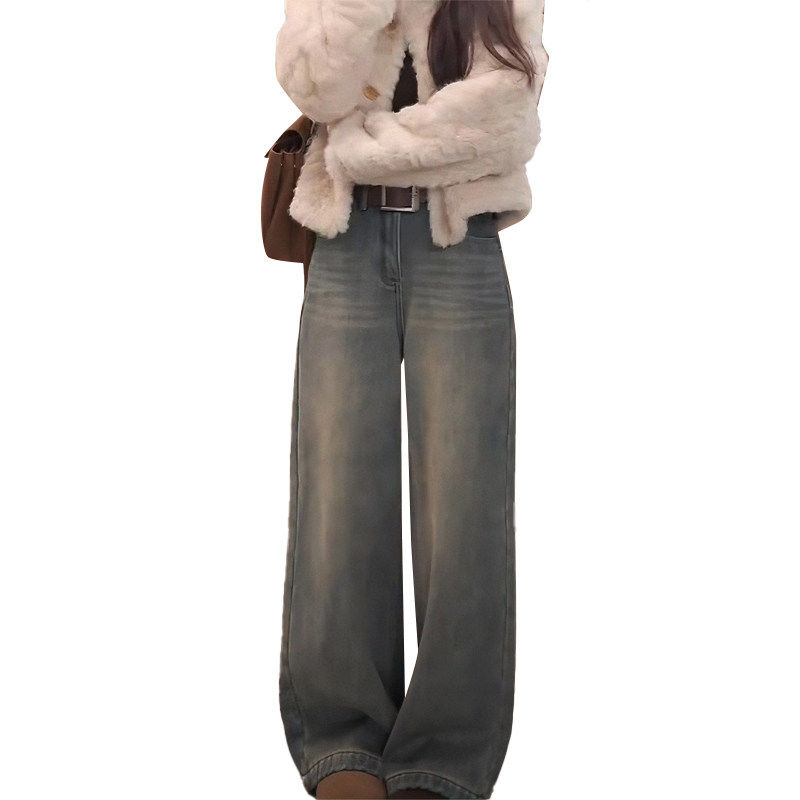 拉夏贝尔复古水洗设计感阔腿牛仔裤女款加绒2025款胖mm显瘦直筒裤,淘宝优惠券,粉丝福利购,淘宝优惠卷