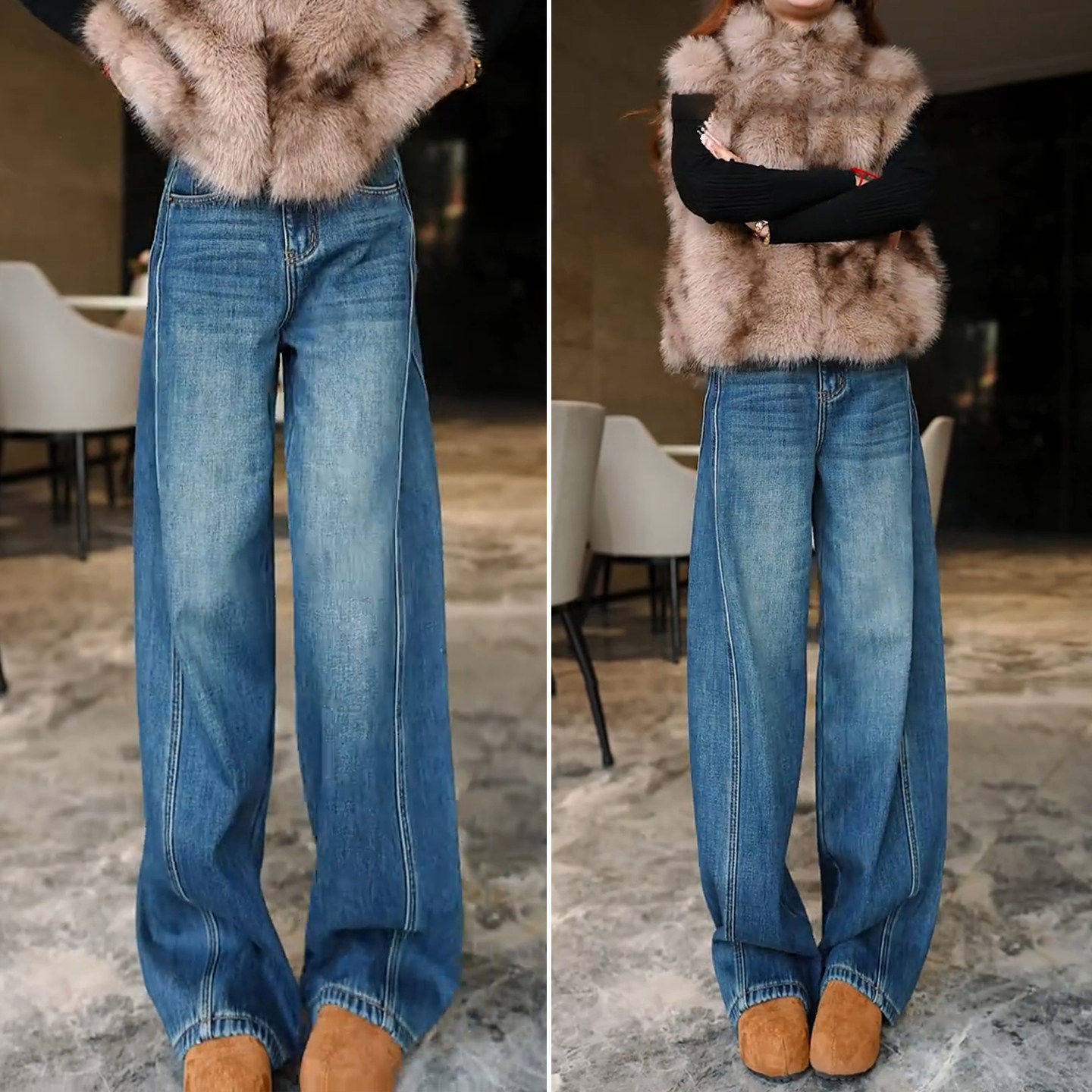 拉夏贝尔大码牛仔裤加绒裤子梨型身材粗腿2025新款女士弯刀阔腿裤,淘宝优惠券,粉丝福利购,淘宝优惠卷