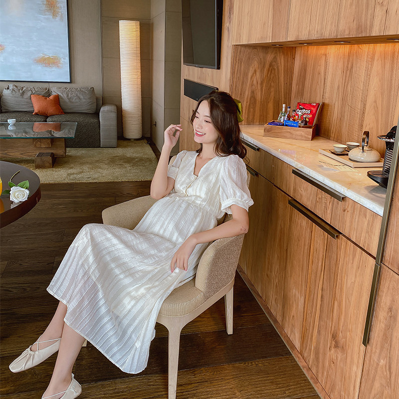 孕妇夏薄款蕾丝雪纺宽松显瘦遮肚 happymaman连衣裙