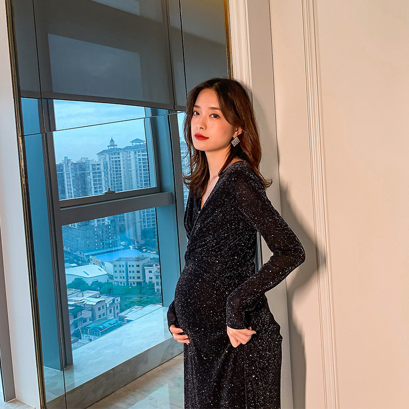 孕妇秋装黑色显瘦气质减龄连衣裙 happymaman连衣裙