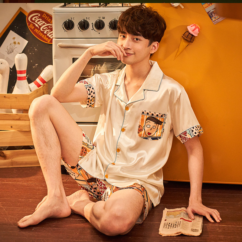 情侣夏季冰丝绸薄款短袖男士睡衣 缪黛睡衣/家居服套装