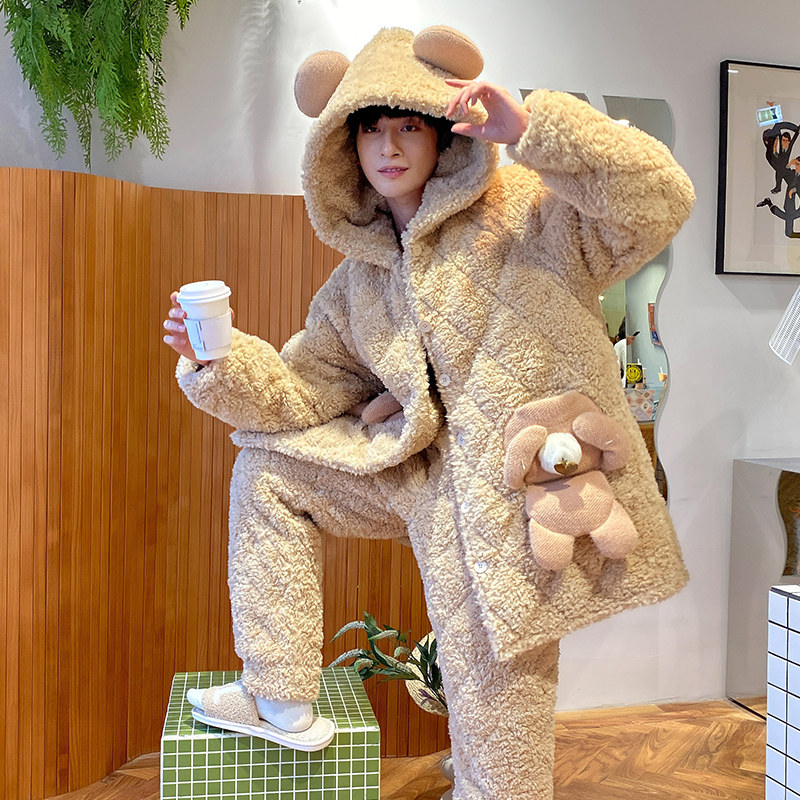 情侣冬季珊瑚绒三层夹棉加绒睡衣 缪黛睡衣/家居服套装