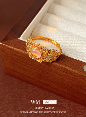 中古vintage锆石花朵椭圆戒指小众感食指戒复古宫廷风手饰女