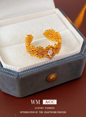 中古vintage锆石花朵开口戒指小众感食指戒时尚复古百搭手饰