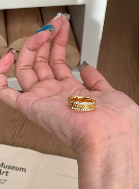 真金24K电镀强保色中古宽版麦穗双排钻戒宫廷风穗穗平安精致指环