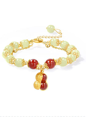 925银镶锆石金枝玉叶手链和田玉小众手串珠手饰女式批发镀黄金色