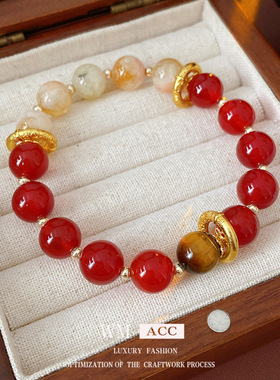 红玛瑙圆形高弹力手链串珠珠子新中式百搭手串小众感手饰