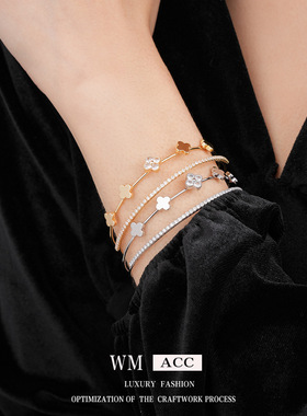 锆石菱形花朵双层开口手镯轻奢感复古手环小众百搭时尚手饰女