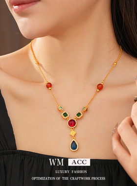 中古vintage锆石水滴吊坠项链轻奢小众感锁骨链复古百搭饰品