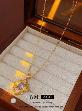 中古vintage锆石菱形吊坠项链时尚复古精致锁骨链轻奢感饰品