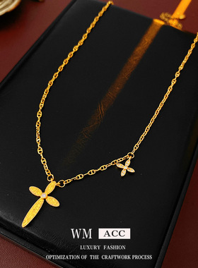 中古vintage锆石十字架吊坠项链轻奢小众锁骨链时尚复古百搭饰品