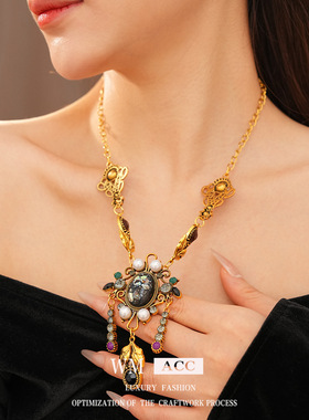 中古vintage树脂镶钻贝壳椭圆形珍珠项链轻奢小众毛衣链气质项饰