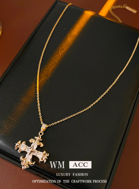 圆形镶锆石十字架虎眼石珍珠项链轻奢感毛衣链设计感小众项饰