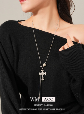 虎眼石圆形十字架吊坠项链个性冷淡风毛衣链气质小众饰品女感