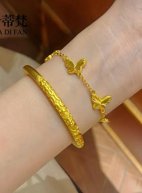 金店同款沙金卷草纹手镯黄铜镀金古法传承精工实心素圈手环批发女