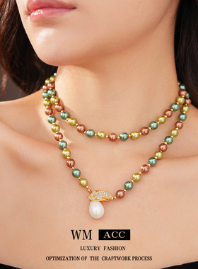 串珠锆石水滴吊坠珍珠项链轻奢小众毛衣链复古民族风饰品女感