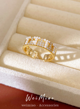 镶锆石交叉镂空珍珠开口戒指小众感指环精致气质时尚百搭手饰