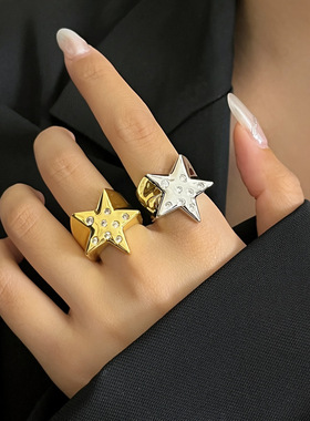 欧美小众设计闪钻方形五角星开口戒指女轻奢高级感时尚星星食指环
