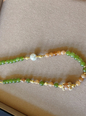 双圈和田玉手串碧玉6mm圆珠搭配黄塔晶手链新中式高级感珍珠手饰