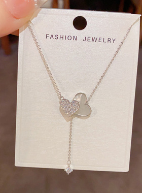日韩精致时尚百搭满锆贝壳双爱心流苏项链个性轻奢简约设计感颈链