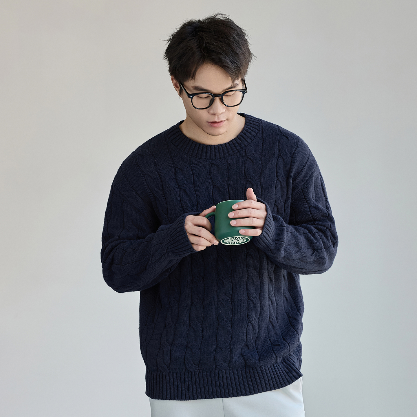 重磅粗线麻花毛衣男士2025冬季新款宽松大码绵羊毛保暖休闲针织衫 - 图0