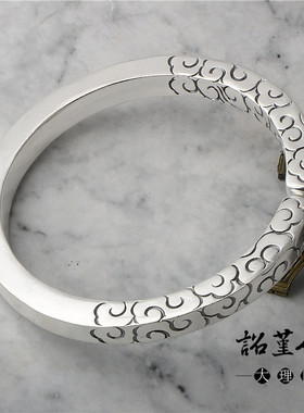 情侣银镯子银999祥云男手镯手工定制手镯实心四方刻字女开口雪花