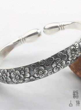 水滴蒜头梅花图案做旧复古风造型银手镯女送妈妈999足银刻花浮雕