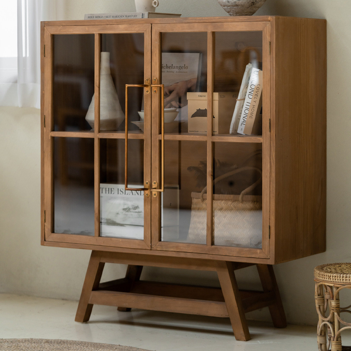 润家家居实木玻璃门储物柜原木收纳柜复古拉手置物柜家用展示柜,淘宝优惠券,粉丝福利购,淘宝优惠卷