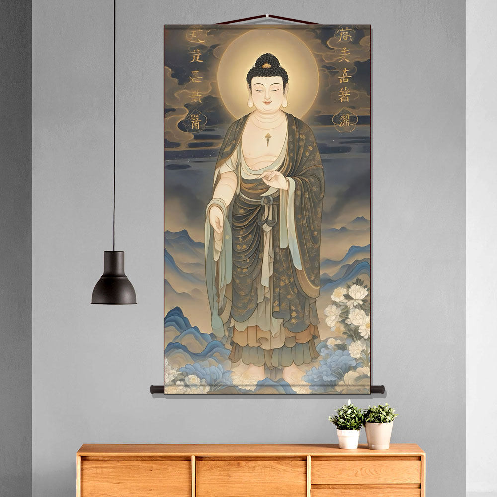 阿弥陀佛画像书房玄关挂画客厅装饰字画走廊沙发背景墙丝绸卷轴画,淘宝优惠券,粉丝福利购,淘宝优惠卷