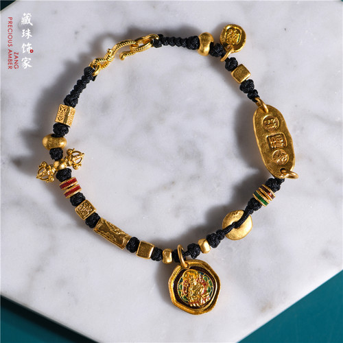 藏珠饰家 足金手工錾刻古法黄金 黄财神烧蓝吉言金手串手链手绳女 - 图0