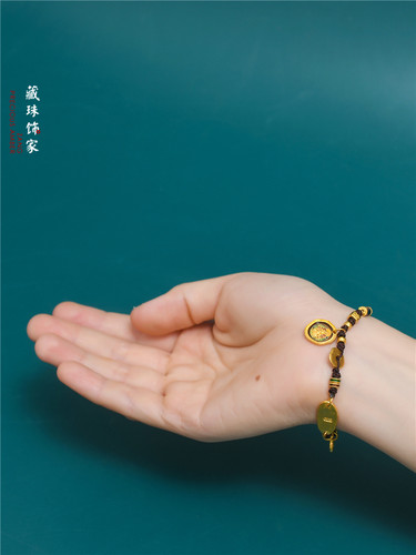 藏珠饰家 足金手工錾刻古法黄金 黄财神烧蓝吉言金手串手链手绳女 - 图2