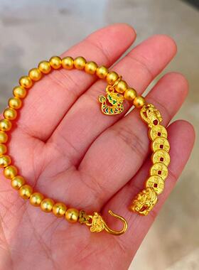 精工古法沙金龙头五帝钱身半镯手链龙舟吊坠手工编织手串时尚百搭