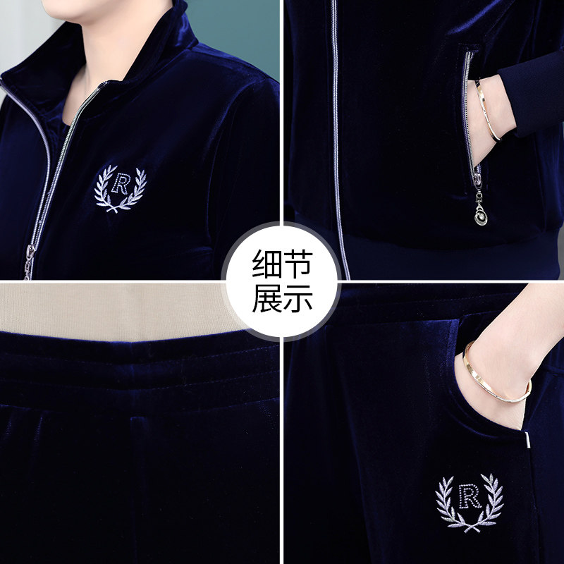 中老年人女装金丝绒运动服套装春秋季时尚上衣服中年妈妈春装外套