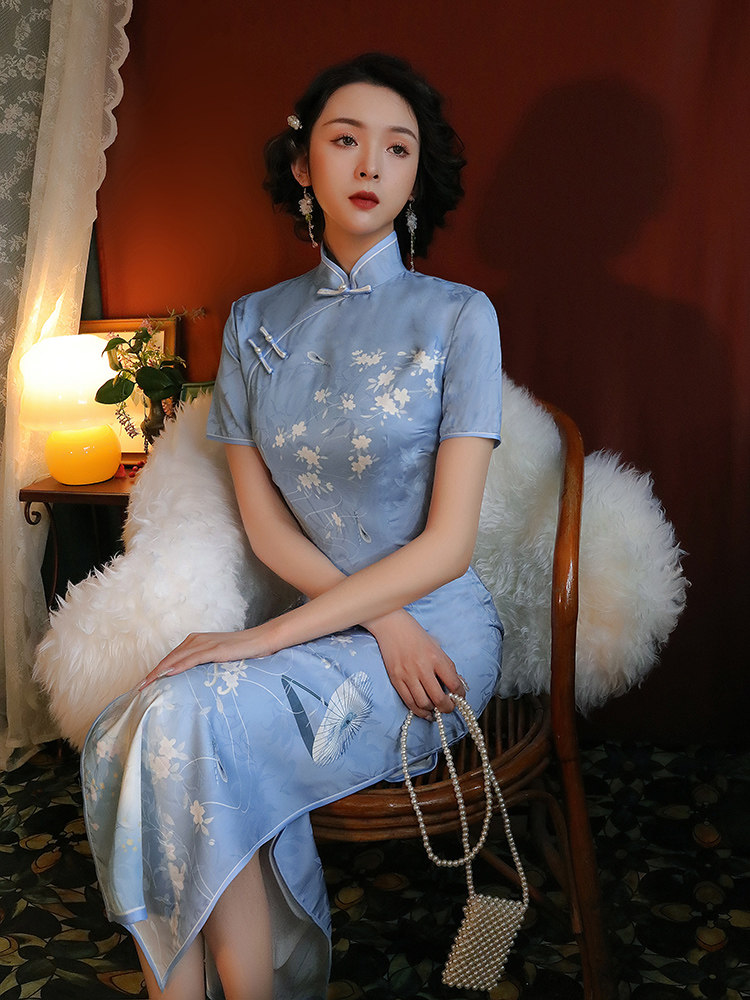 蓝色旗袍2022年新款改良夏季连衣裙 阑桂羽旗袍