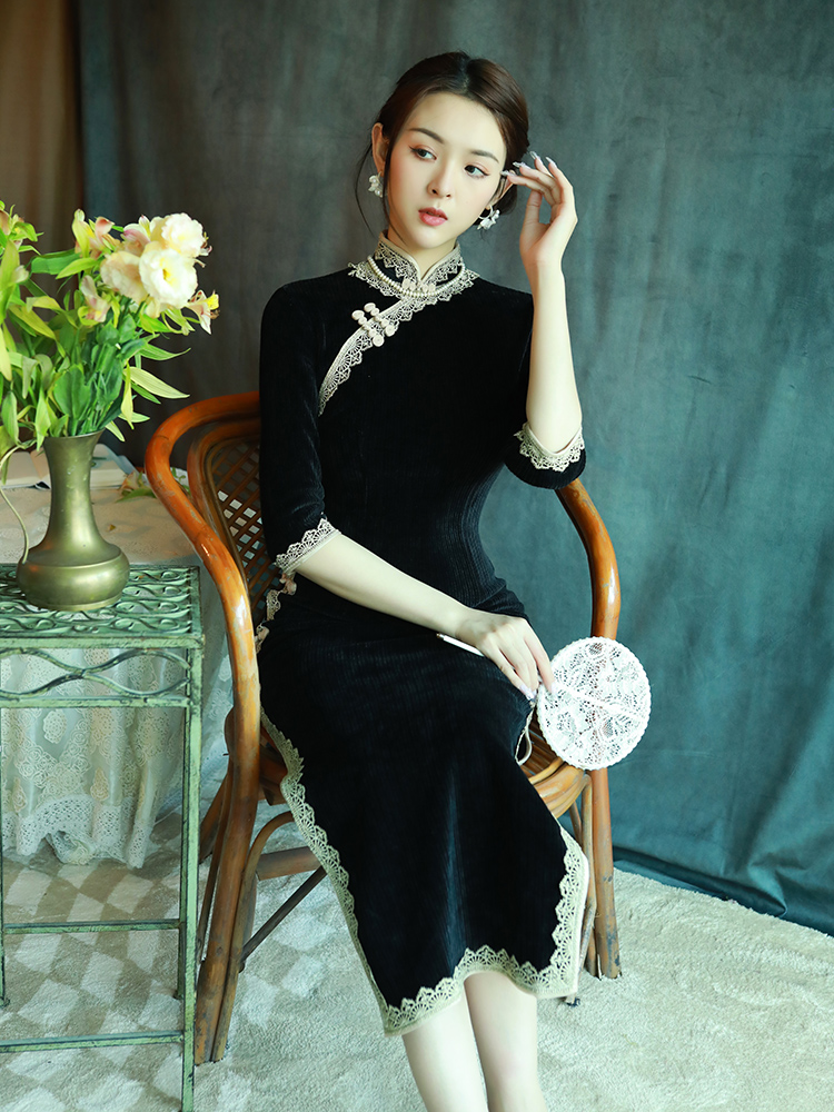 黑色旗袍2022年新款改良版长袖连衣裙高端气质复古中国风长款女秋-图0